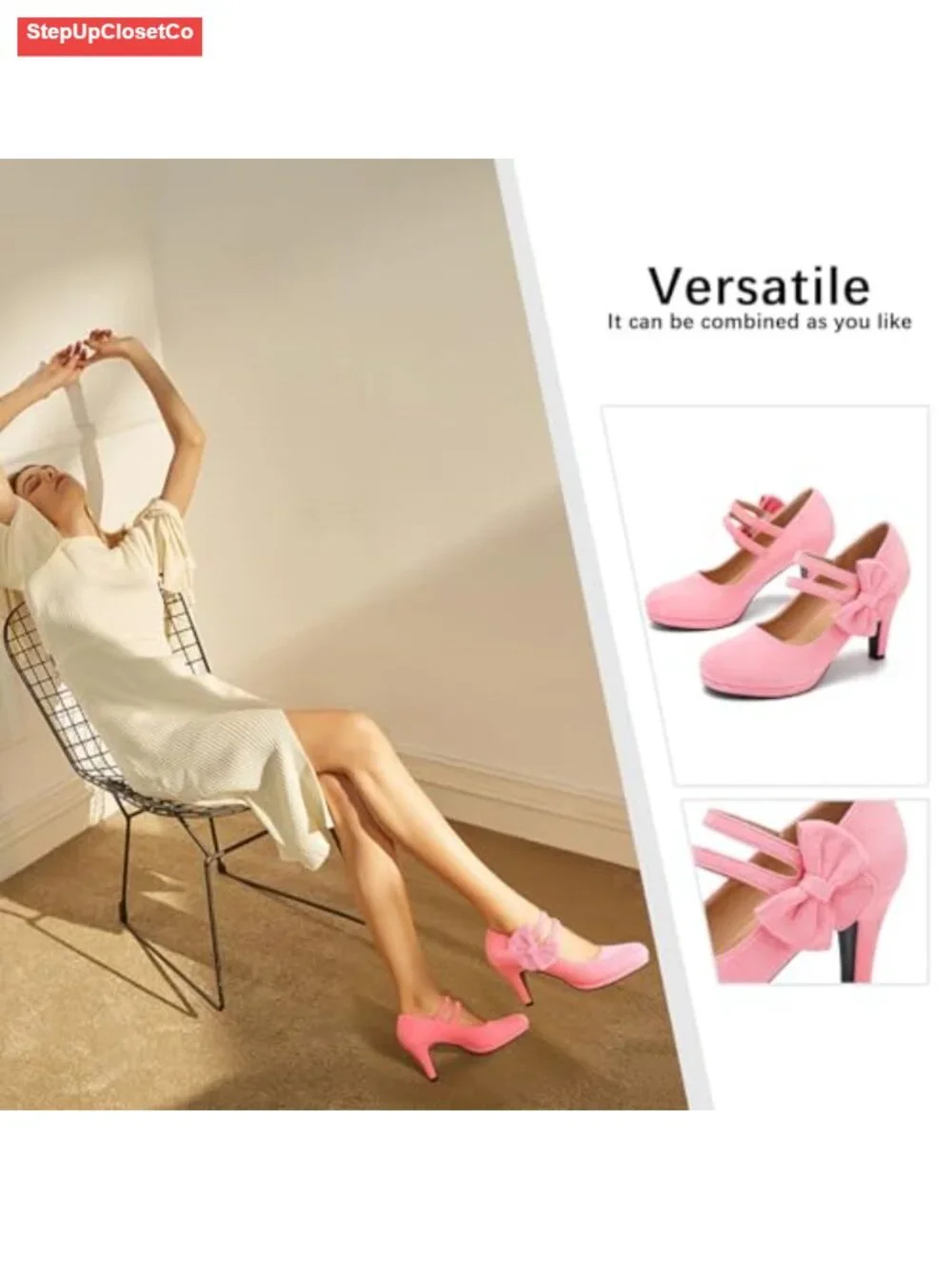 Women's Mary Jane Bow Heels Pumps Round Toe Kitten Heel Double Ankle Strap